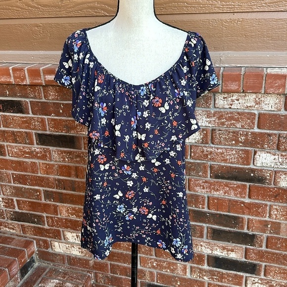 Sanctuary Eva Navy Blue Floral Ruffled Blouse Womens Size Medium - Picture 1 of 9
